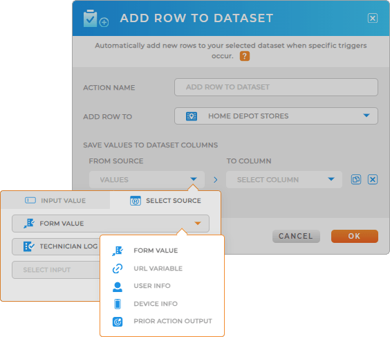 Source types for workflows: add row to dataset