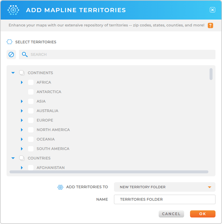 Add map territories from Mapline's worldwide repository of government and administrative boundaries